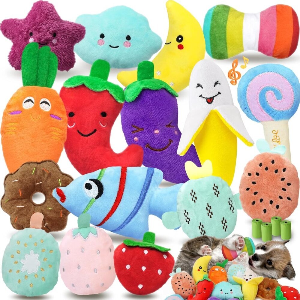 Cheerful 20-Pack Set - Included 4 Dog Bags, Plush Puppy Toys with Irresistibly C